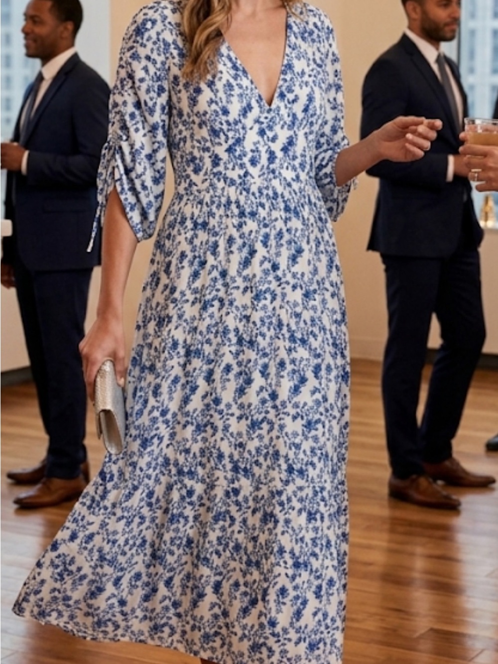 Floral V-Neck Midi Dress in Blue and White